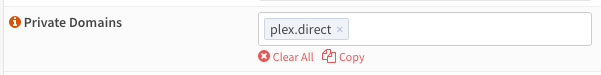 opnsense config screenshot showing "plex.direct" as the only entry to the "Private Domains" category